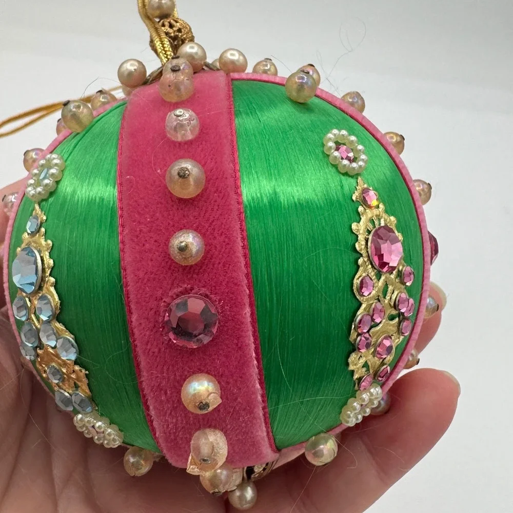Vintage Handmade Satin Christmas Ornaments Green Pink Velvet Pearls Jewels Set 2